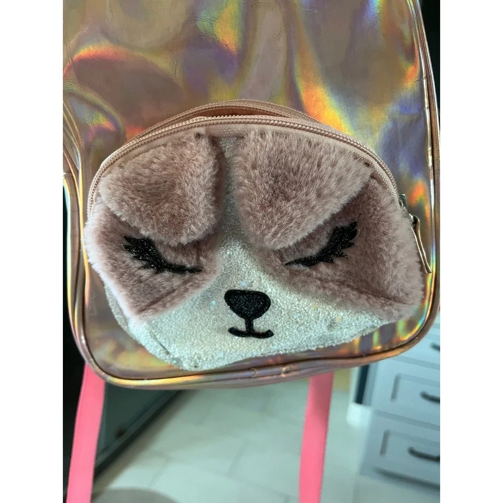 Pink Iridescent Holographic Mini Backpack Plush Animal Face Y2K Kawaii Kids Bag